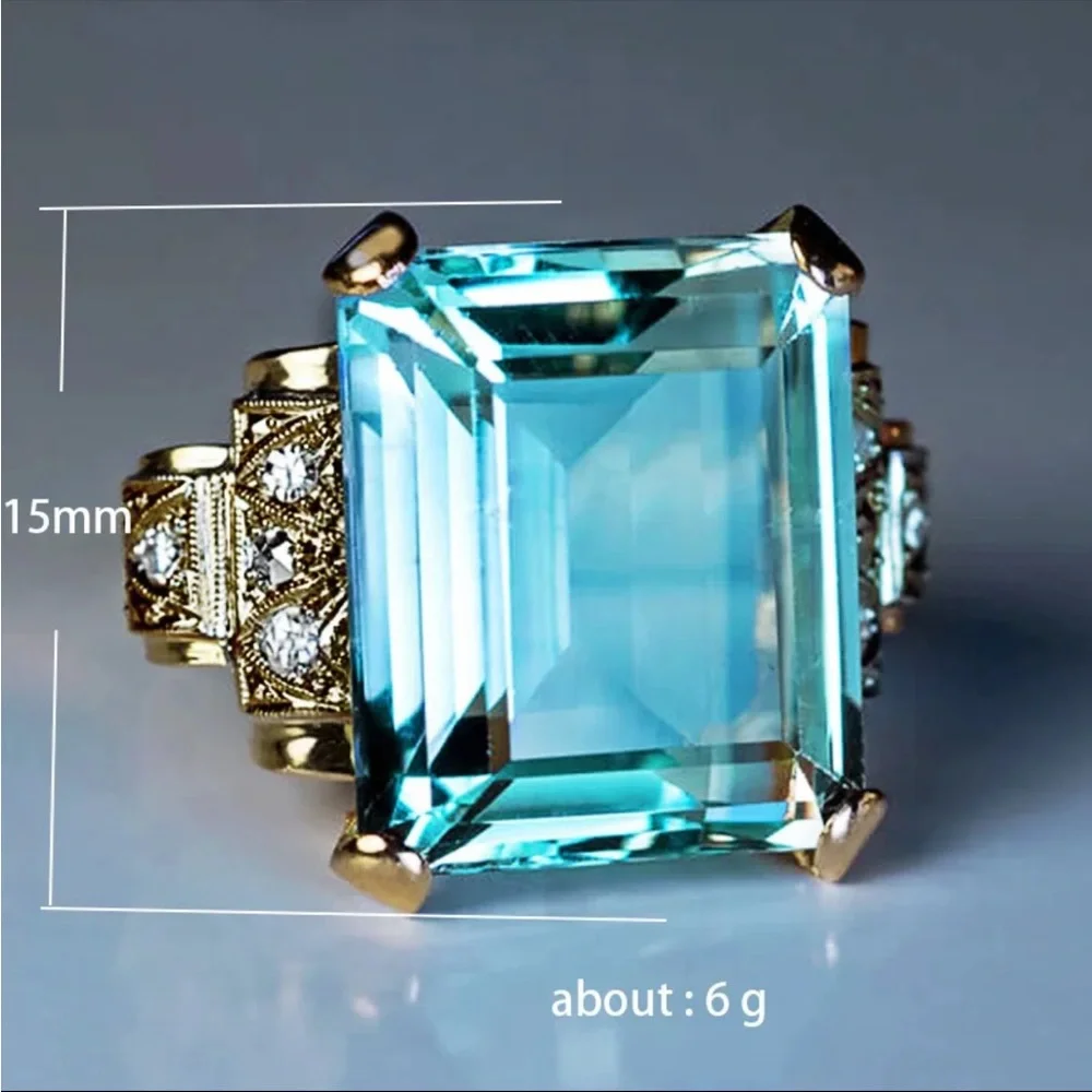 NEW Yellow Gold Plated  Blue Square Ring